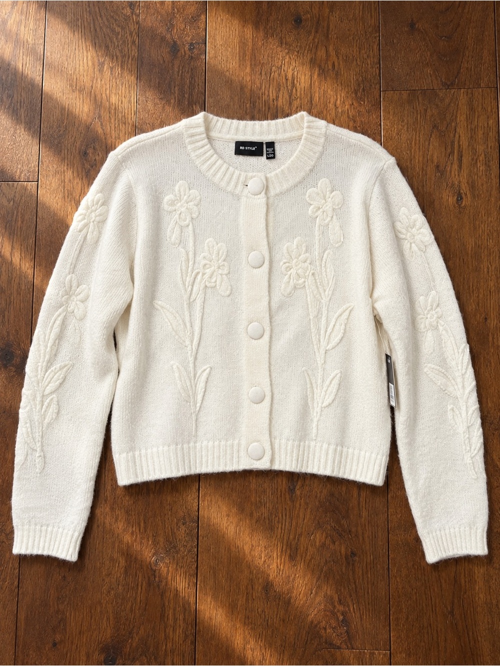 RD Style Cream Floral Knit Cardigan Sz L NWT